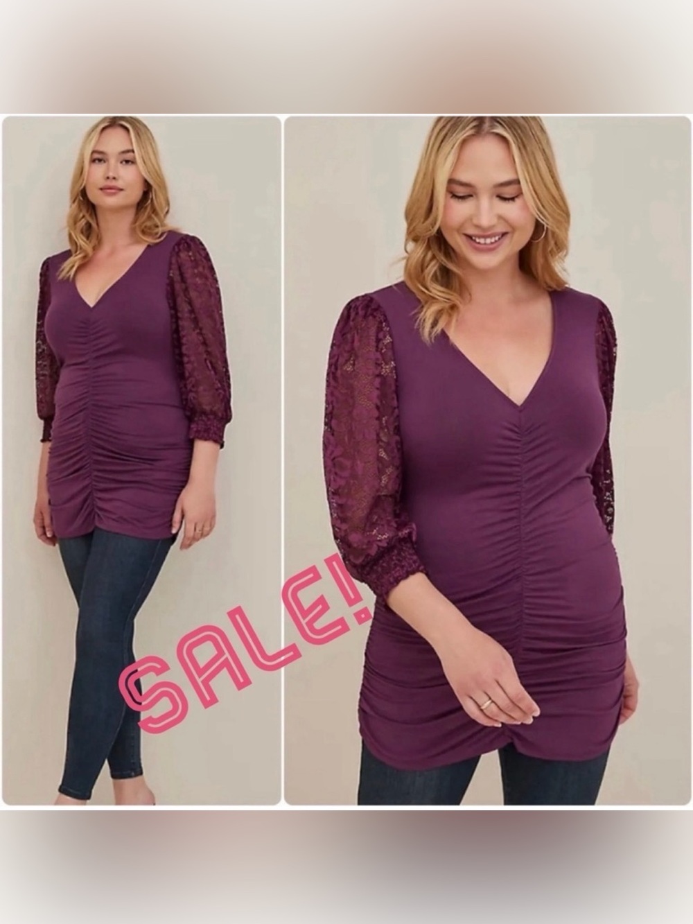 Torrid Lace Sleeve Tunic V-Neck Ruched Front Long Top Plus Size 1 1X 14 16 NWT